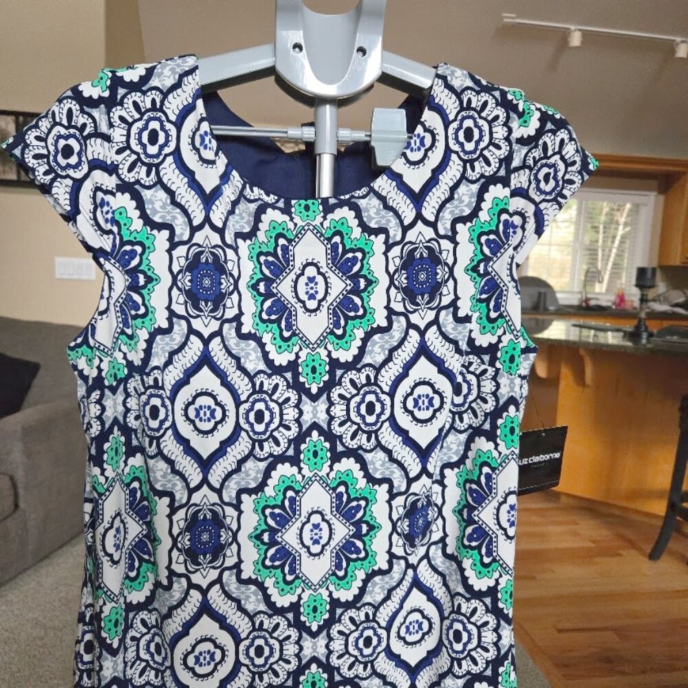 NWT Liz Claiborne sz Large cap sleeve patterned dress blue / white / mint green - Picture 3 of 5